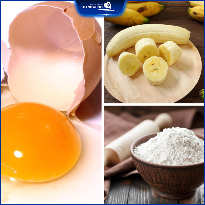 công thức căng da mặt nhờ lòng trắng trứng : chuối + Trứng + Bột mì